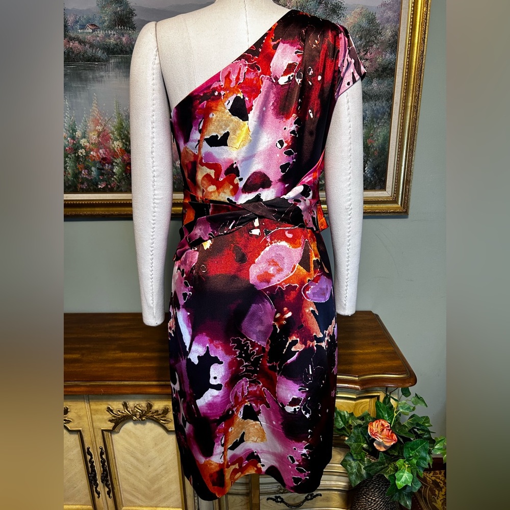 Tahari One Shoulder Black Purple Pink Lilac Danika One Shoulder Floral Dress - Picture 11 of 15